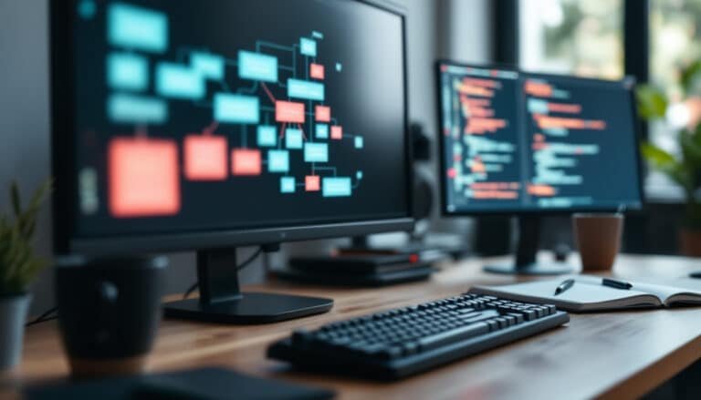 evolution of prompt engineering: Desk with monitors displaying a flow diagram and code editor, showing AI prompt...