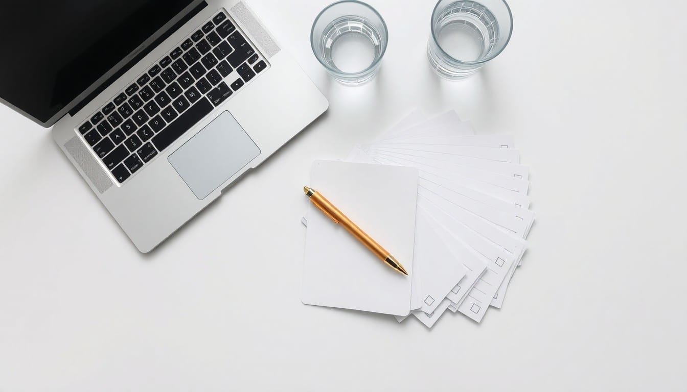 prompt engineering best practices: Overhead view of closed laptop, water glass, and blank reference cards with a gold pen