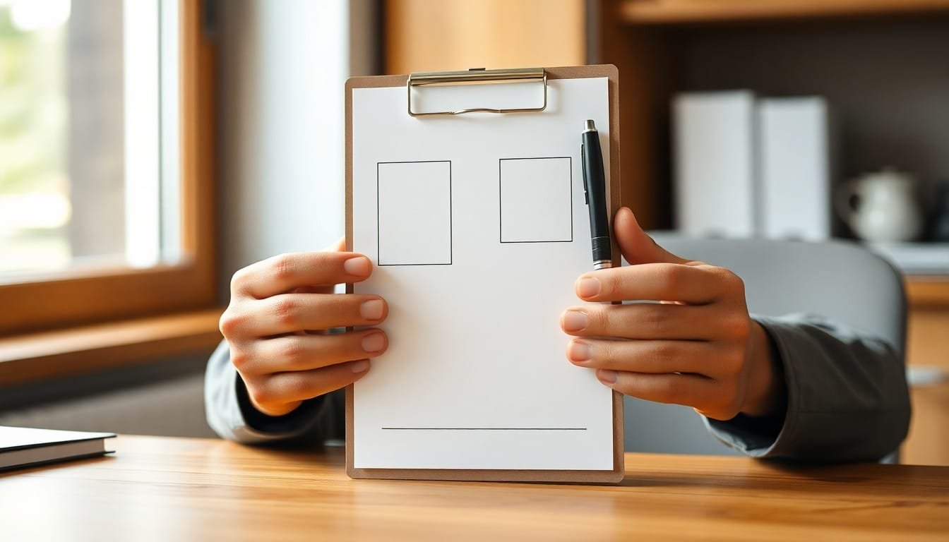 prompt engineering best practices: Hands from behind holding a clipboard with an empty prompt template on a wooden desk