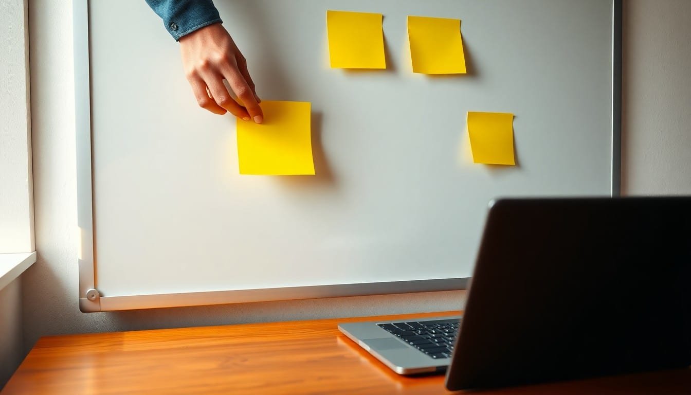 prompt engineering mistakes: Person's hands placing sticky note on whiteboard near laptop in bright office.