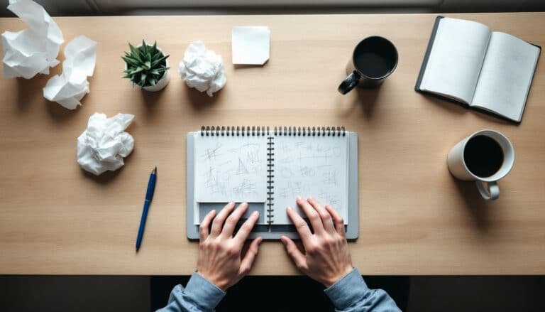prompt engineering mistakes: Overhead desk workspace with hands typing on laptop, notebook, pen, crumpled paper, coffee...