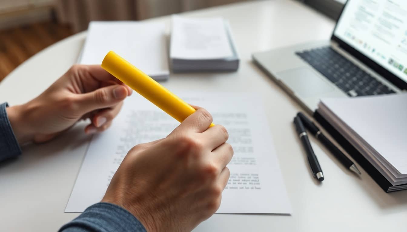 prompt engineering mistakes: Close-up of hands holding yellow highlighter over printed document with pen and paper on desk.
