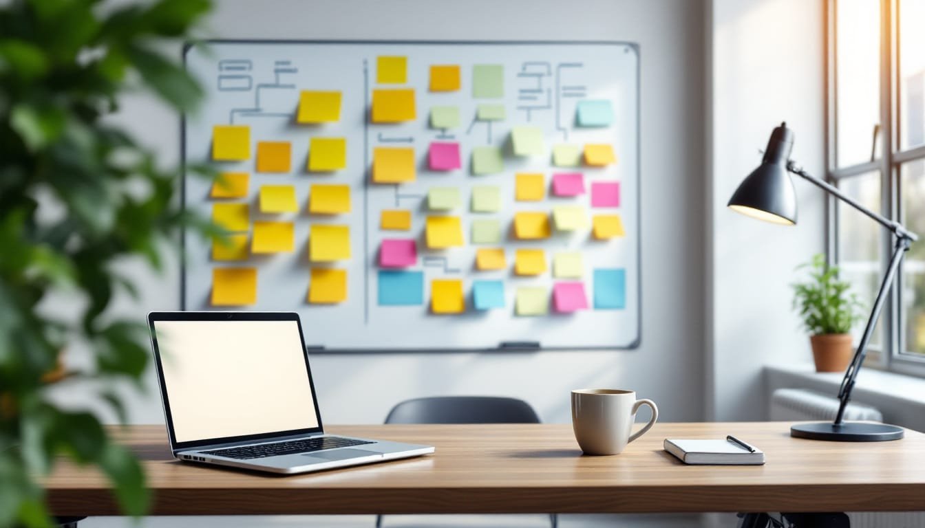 prompt engineering use cases: Bright office collaboration space with a whiteboard workflow diagram, sticky notes, laptop...