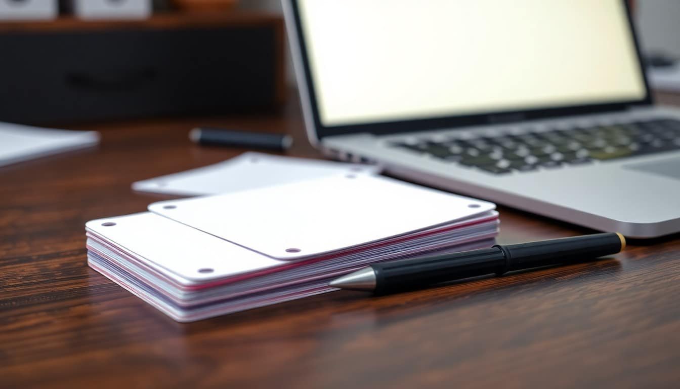 prompt engineering use cases: Close-up of blank color-coded index cards and a pen on a walnut desk with a glowing laptop...