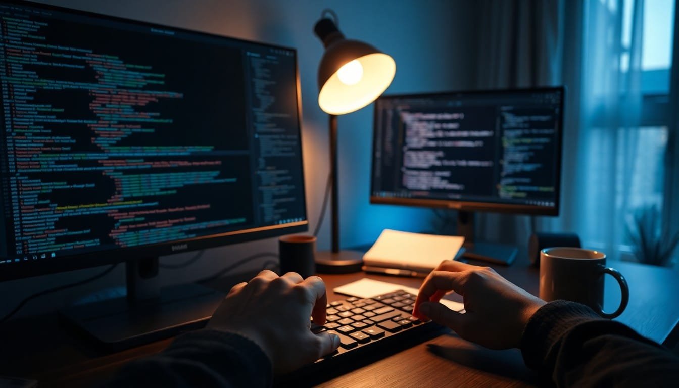 prompt engineering vs programming: Hands typing on a mechanical keyboard with a monitor showing blurred code lines