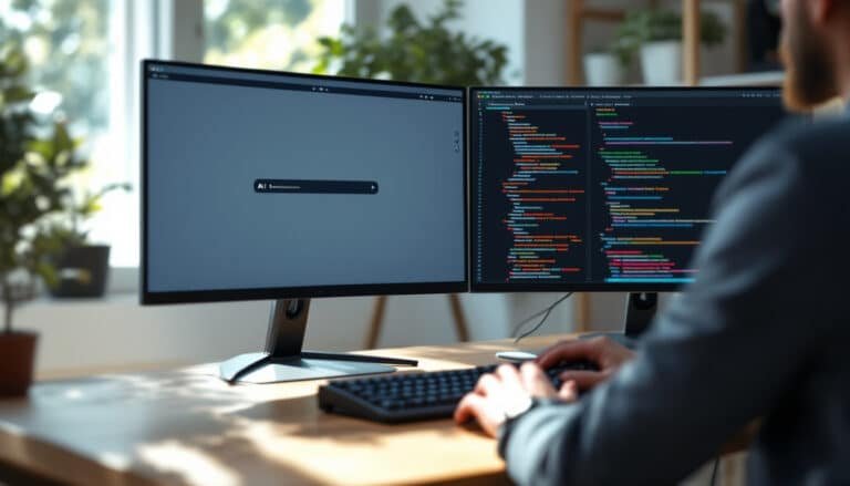 prompt engineering vs programming: Hands typing on keyboard between two monitors, one showing AI chat interface and one...