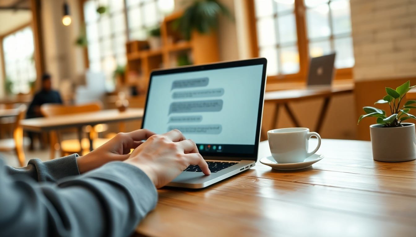 prompt engineering vs programming: Hands typing on a laptop with a blurred AI chat interface and coffee cup in a café