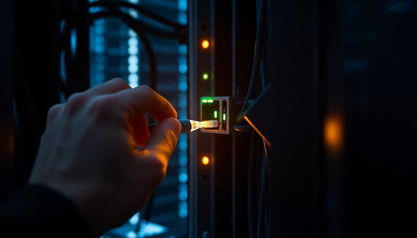 RAG mistakes: Hands plugging a glowing fiber optic cable into a server rack