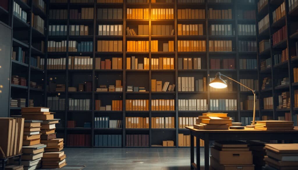 RAG mistakes: Warm archive room with metal shelves of document boxes and a magnifying glass on a table