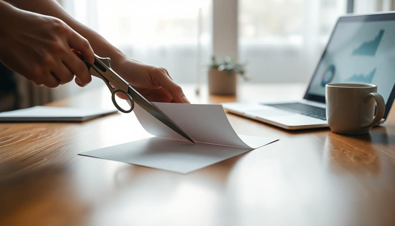 RAG mistakes: Hands cutting paper into strips at a desk with a laptop in background