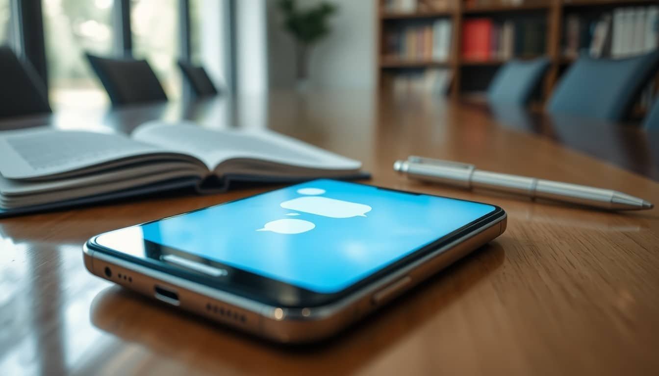 RAG use cases: Smartphone with chat bubbles on conference table beside open notebook and pen
