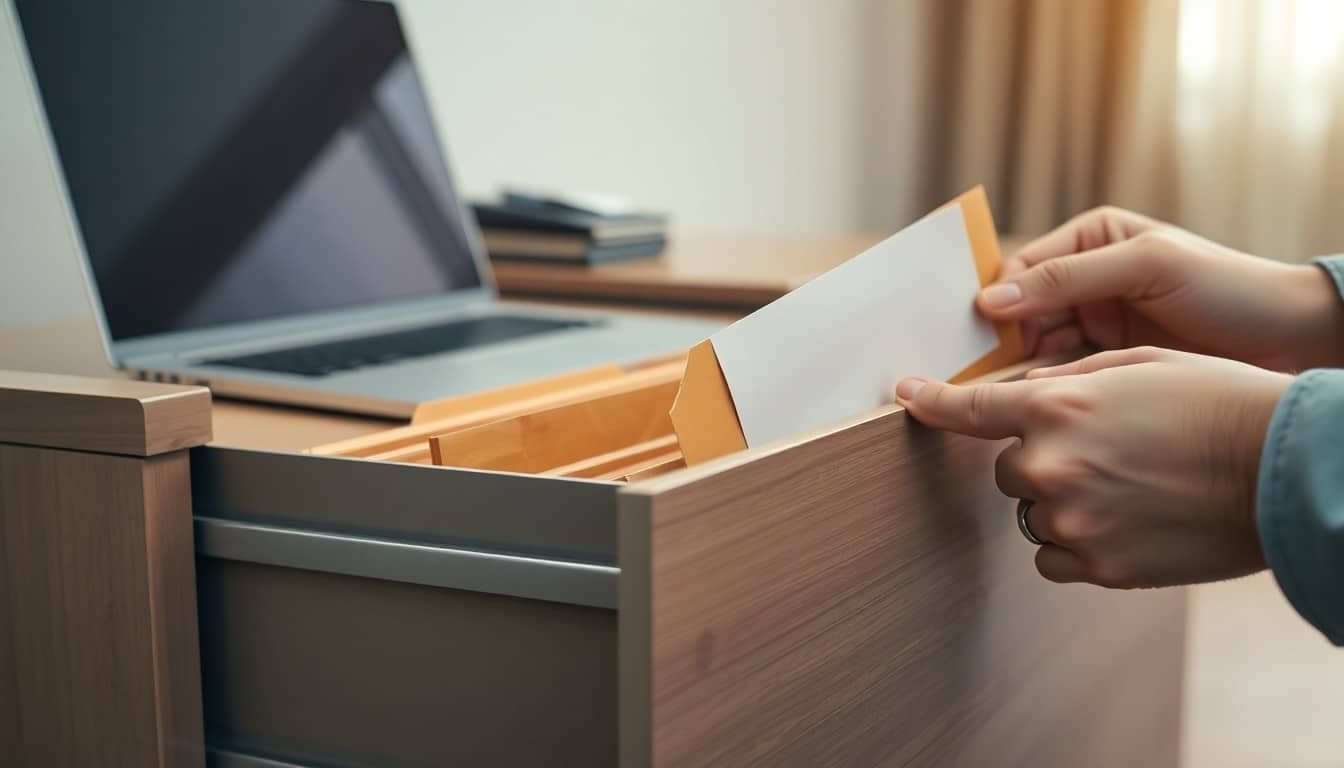 RAG use cases: Hands pulling a manila folder from a filing cabinet next to a laptop in an office