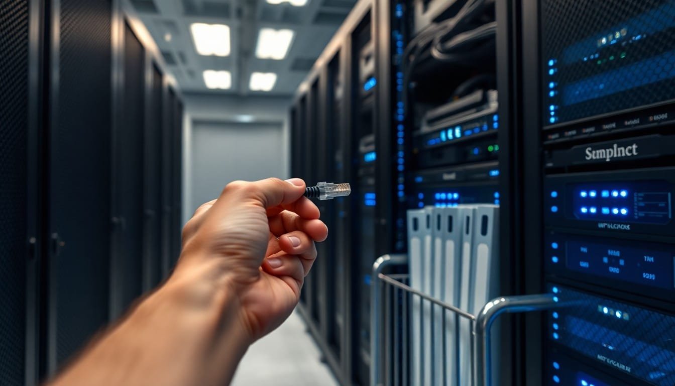 RAG vs fine tuning: Hands connecting an ethernet cable into a GPU server rack with a cart of document binders nearby