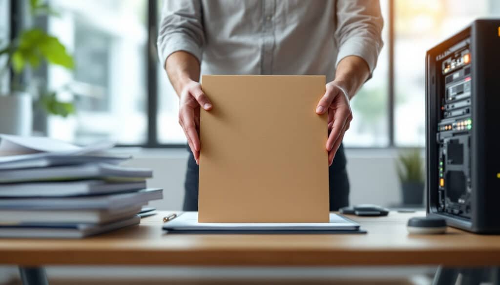 RAG vs fine tuning: AI research desk with reference documents and a GPU server tower, hands placing a file folder between...