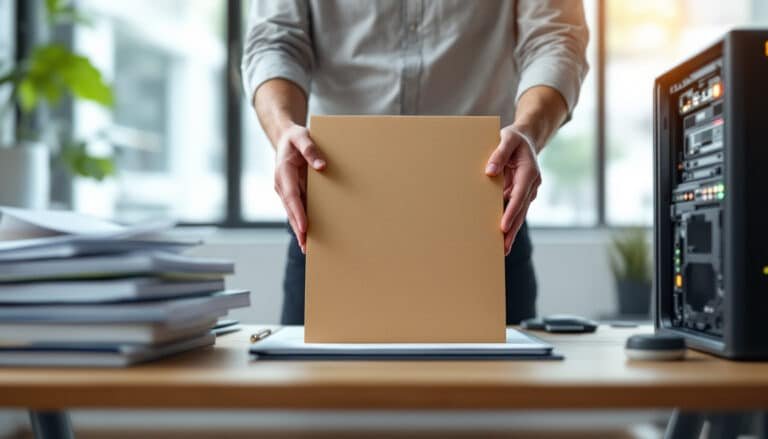 RAG vs fine tuning: AI research desk with reference documents and a GPU server tower, hands placing a file folder between...