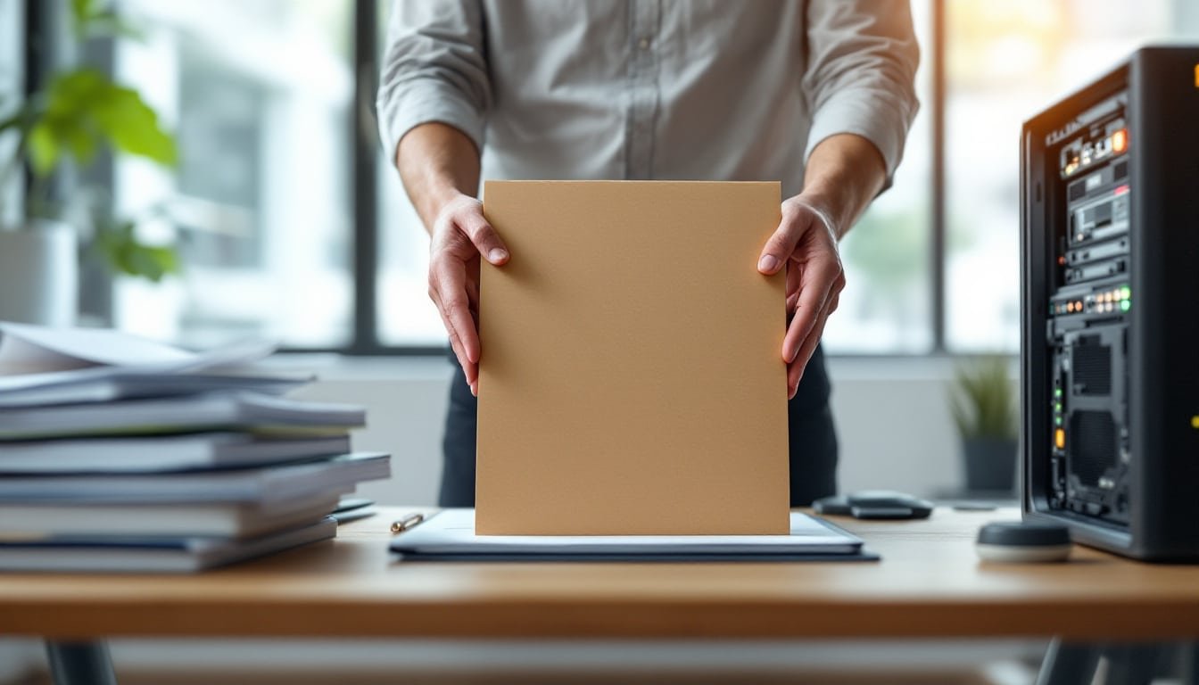RAG vs fine tuning: AI research desk with reference documents and a GPU server tower, hands placing a file folder between...