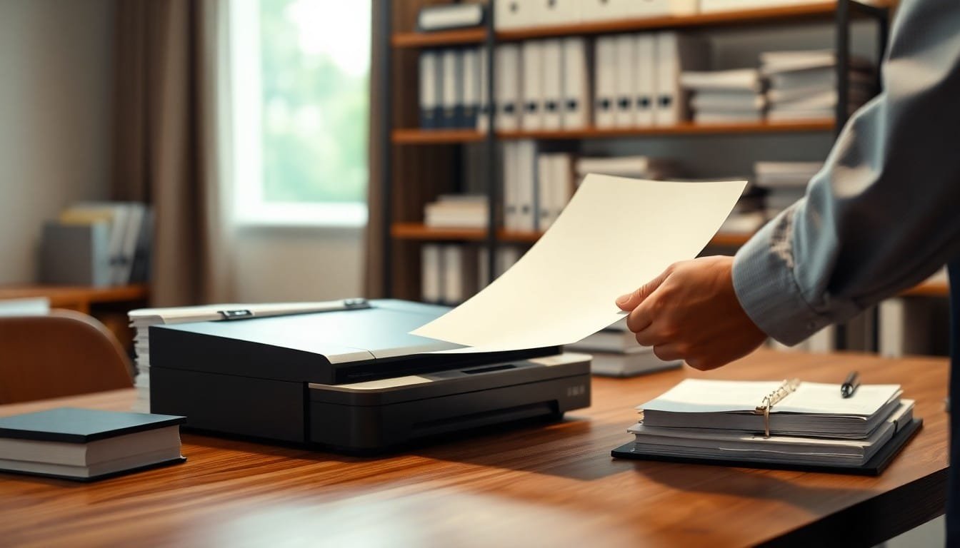 RAG vs fine tuning: Hands feeding a sheet into a document scanner beside stacked printed reports and books in an office
